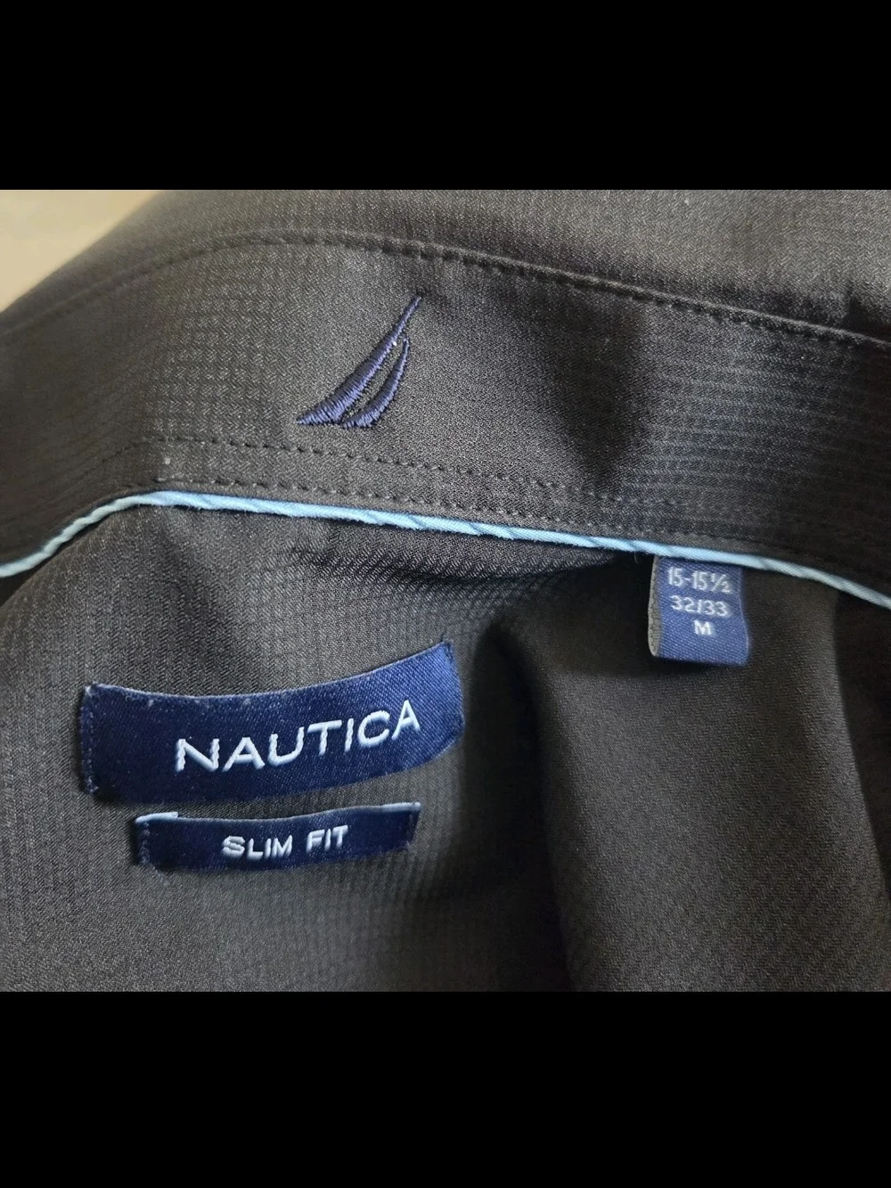 Nautica Men's Black Long-Sleeve Dress Shirt with Subtle Blue Trim